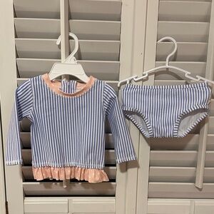 Ruffle Butts Blue and Pink Striped Rashguard Set